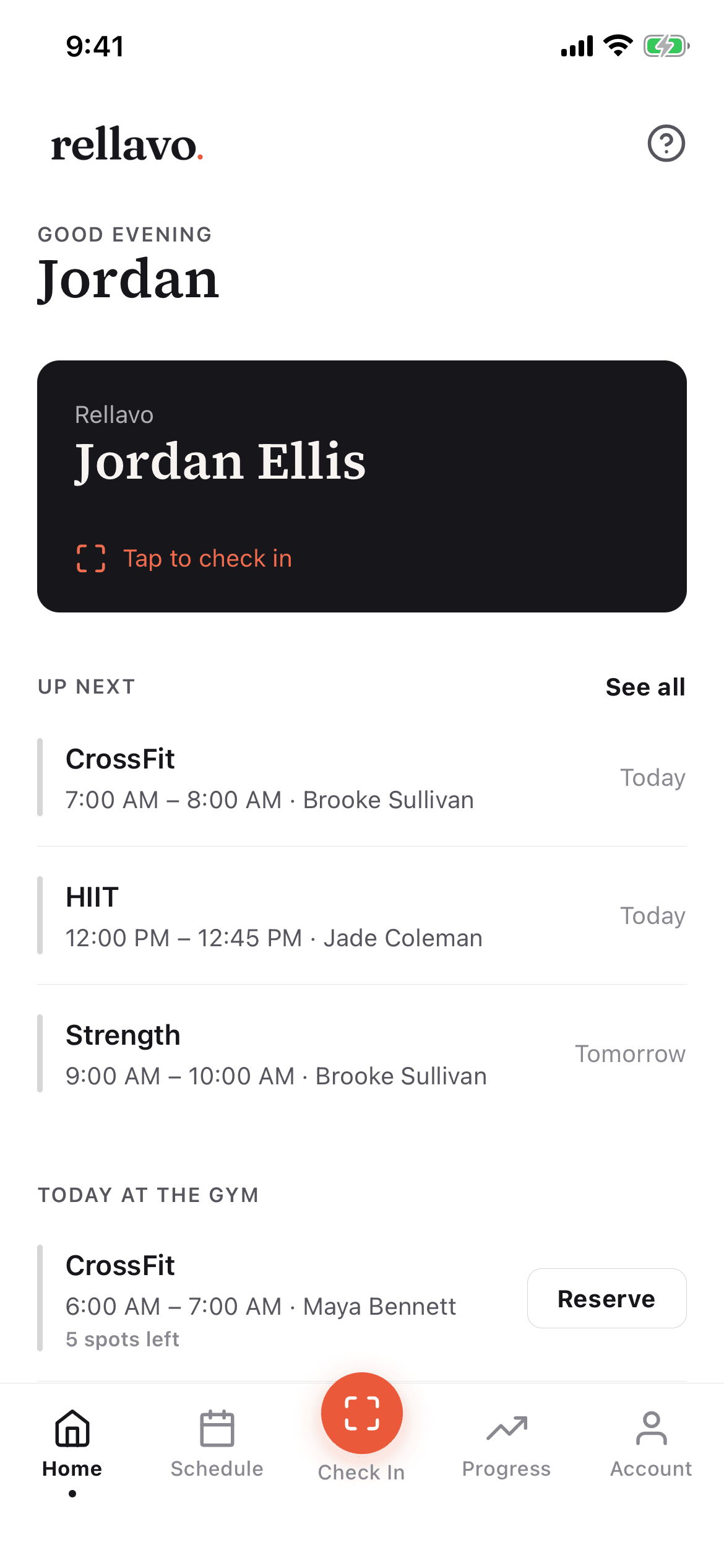 A gym's branded Rellavo home screen