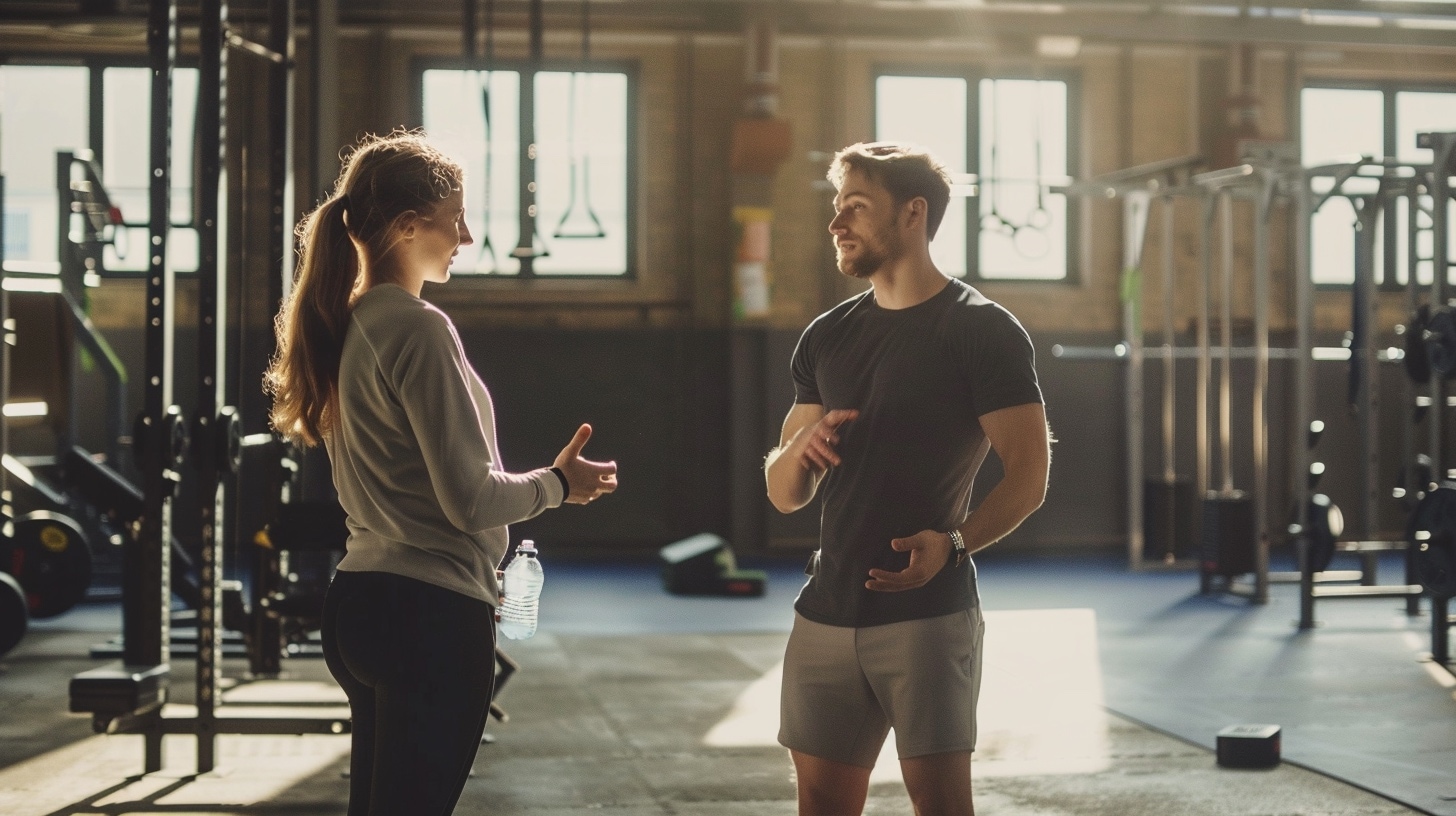 A coach talking with a member after class, both still on the floor.