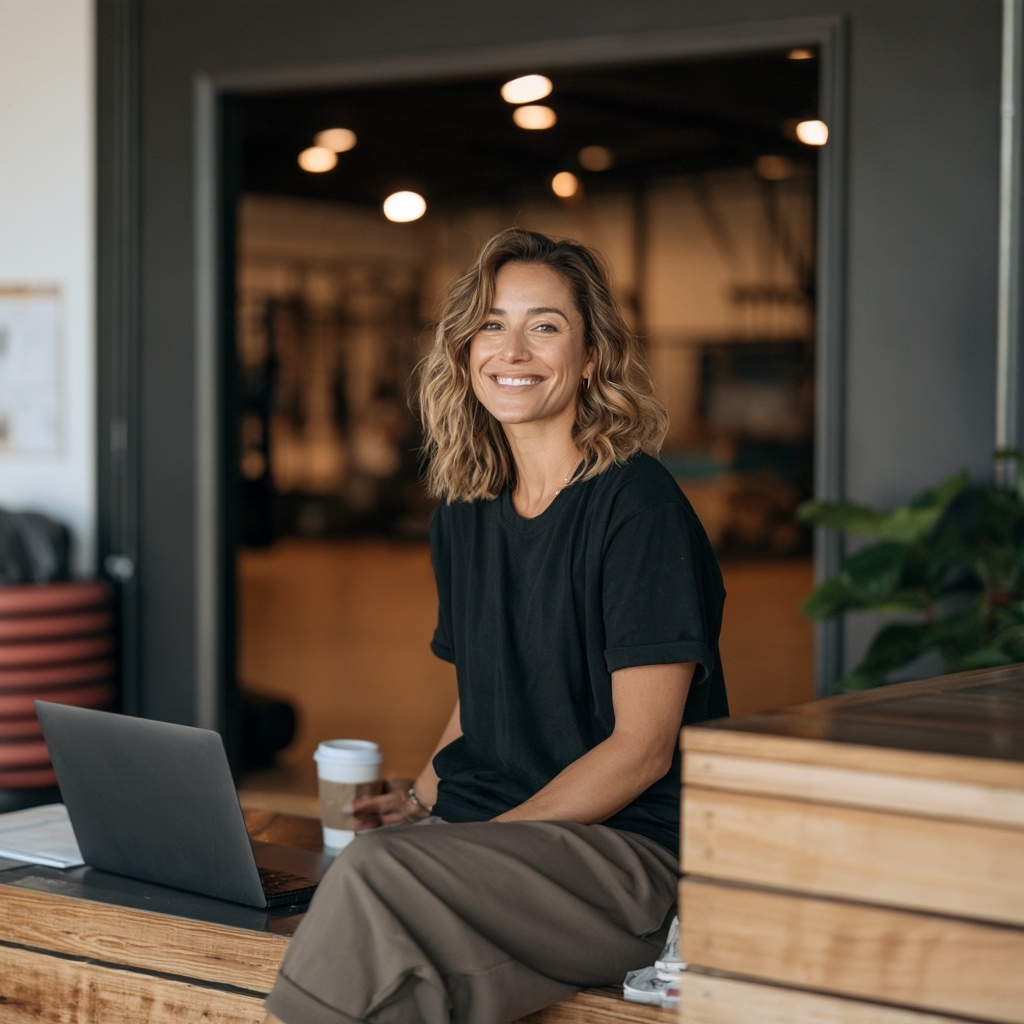 A studio owner at the desk between classes, the schedule open on a laptop beside them.