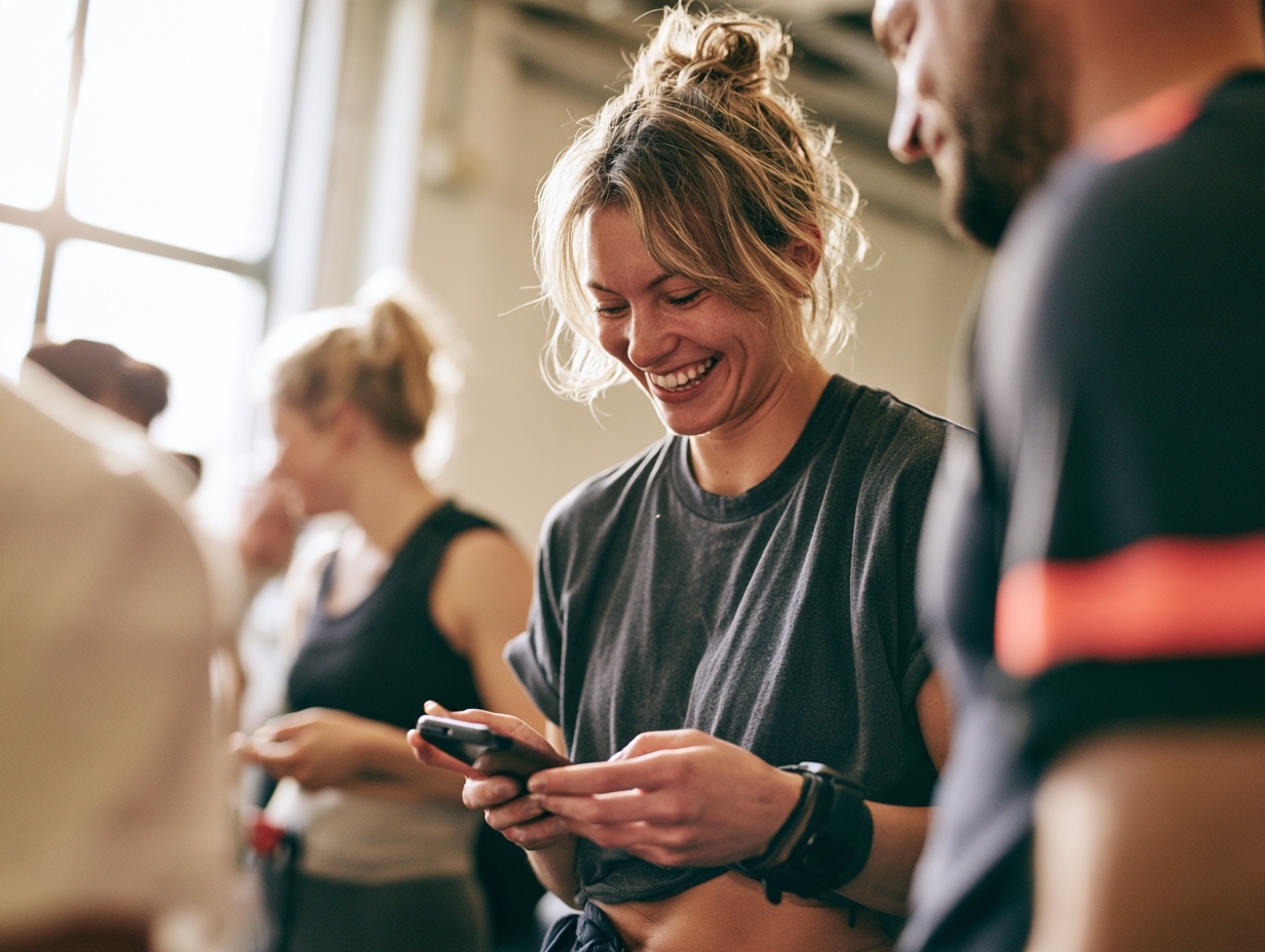 Two clients sharing a referral after a fitness class.