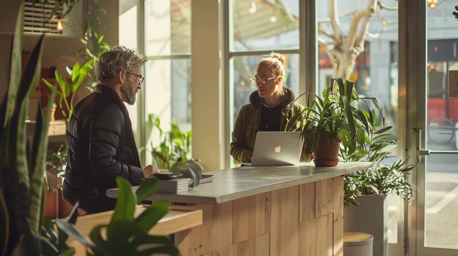 An owner at the front desk reviewing a system transition with a colleague.
