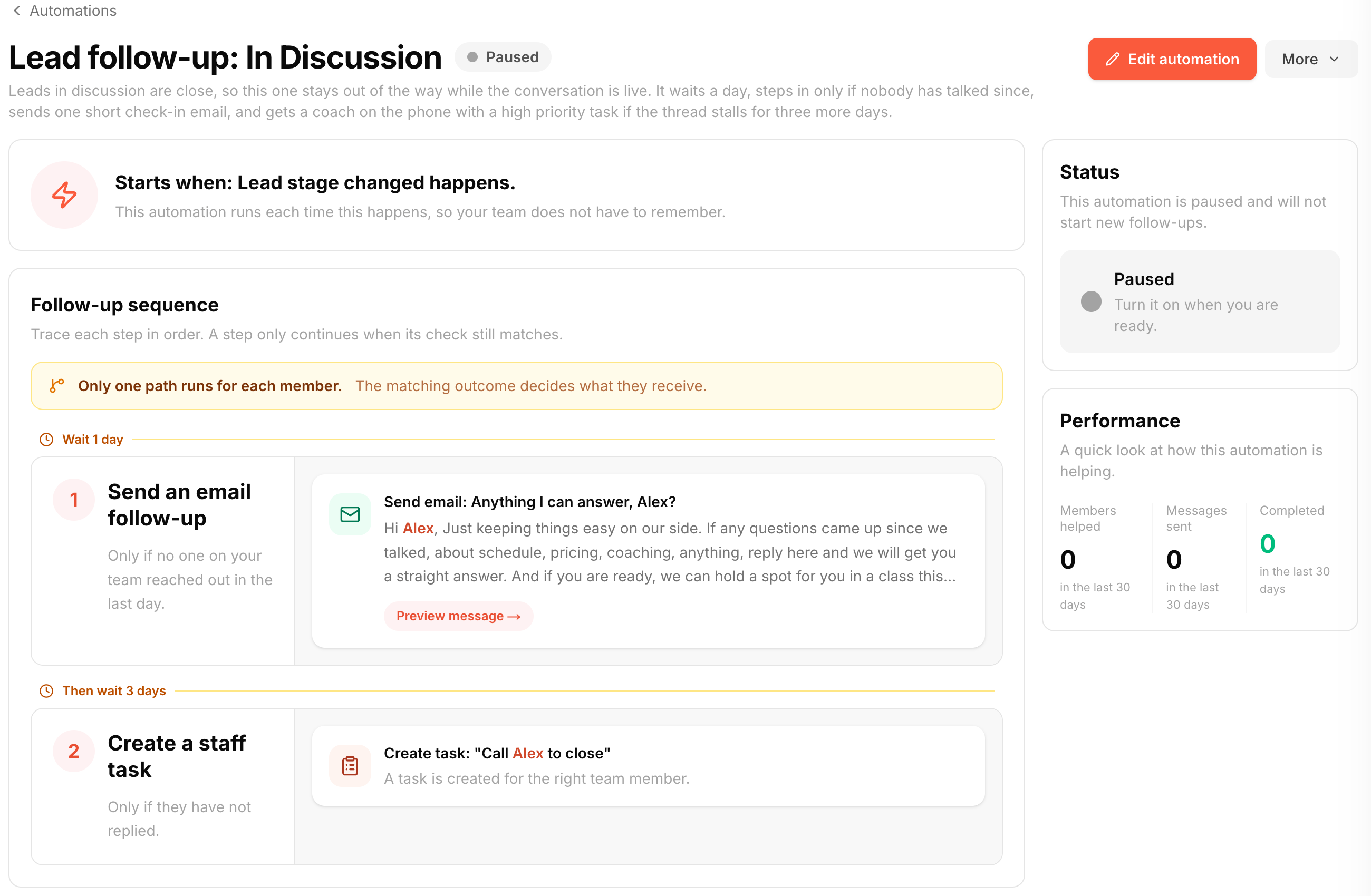 A paused lead follow-up workflow with a one-day wait, conditional email, three-day wait and staff task.