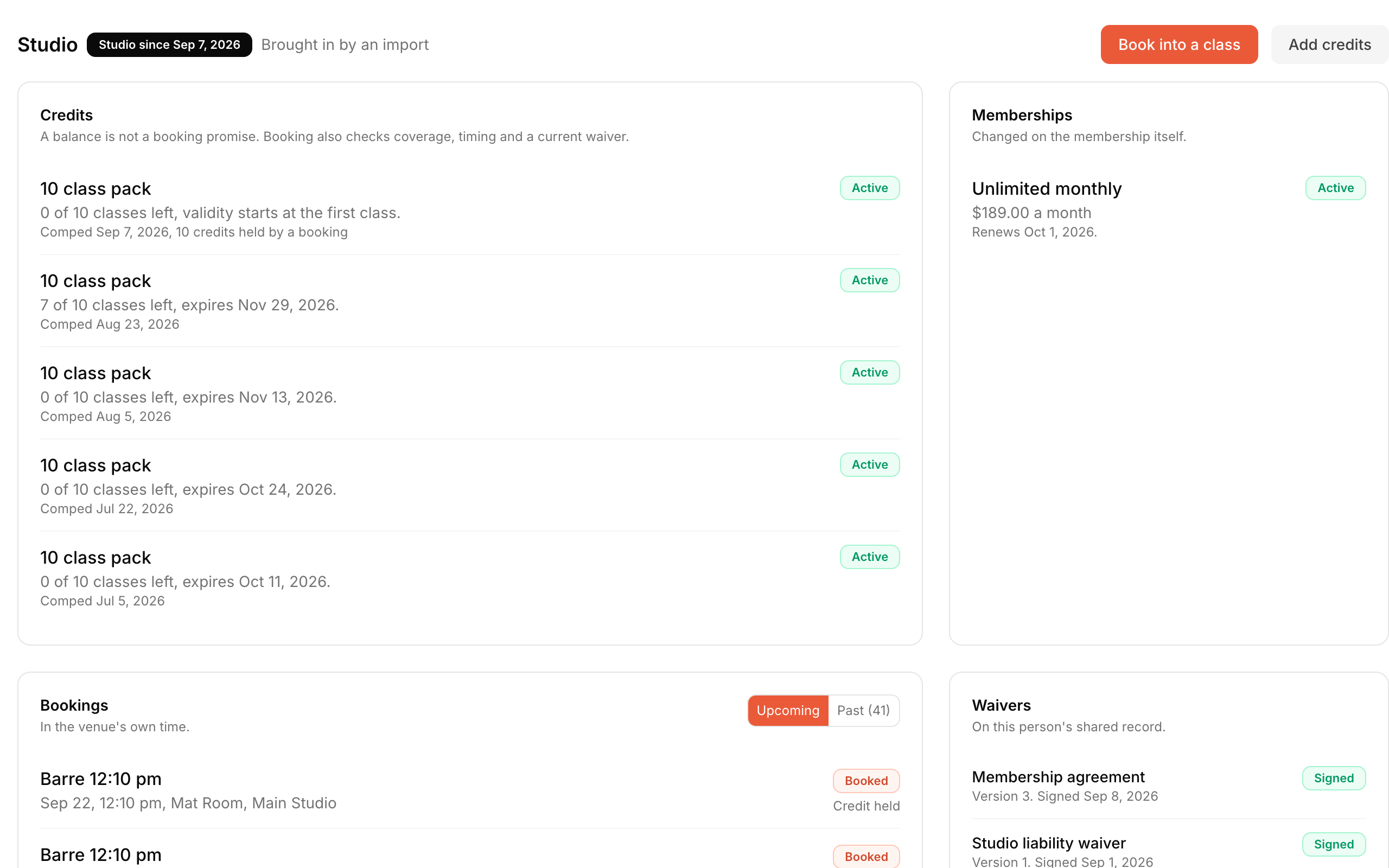 A demo client’s class-pack balances beside an active monthly membership and upcoming bookings.