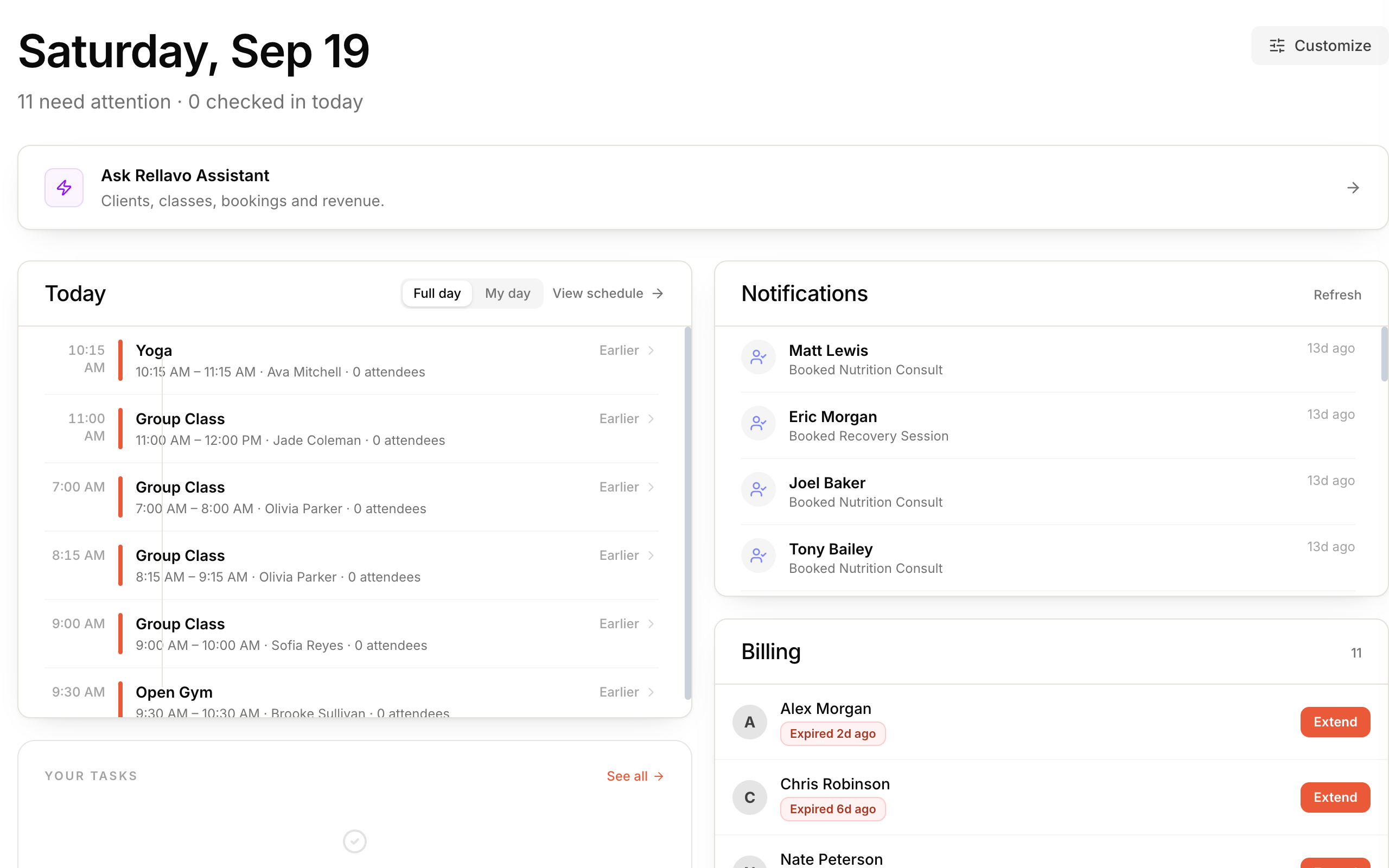 Rellavo daily dashboard with today’s classes, notifications and billing follow-ups.