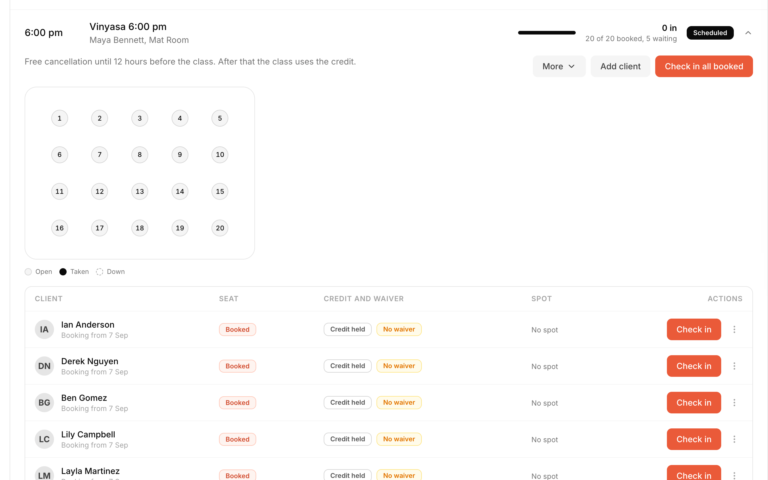Rellavo front desk with an expanded Vinyasa roster, credit status and check-in controls.
