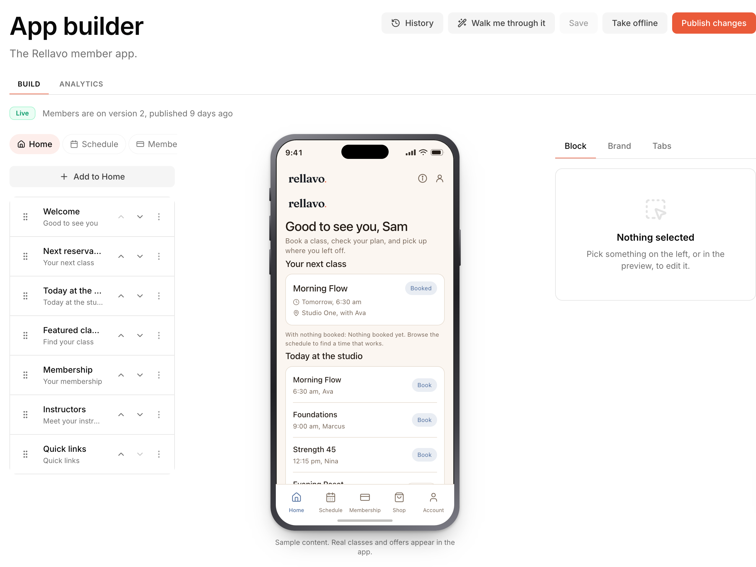 The live Rellavo Studio app builder showing its member-app preview and editable content blocks.