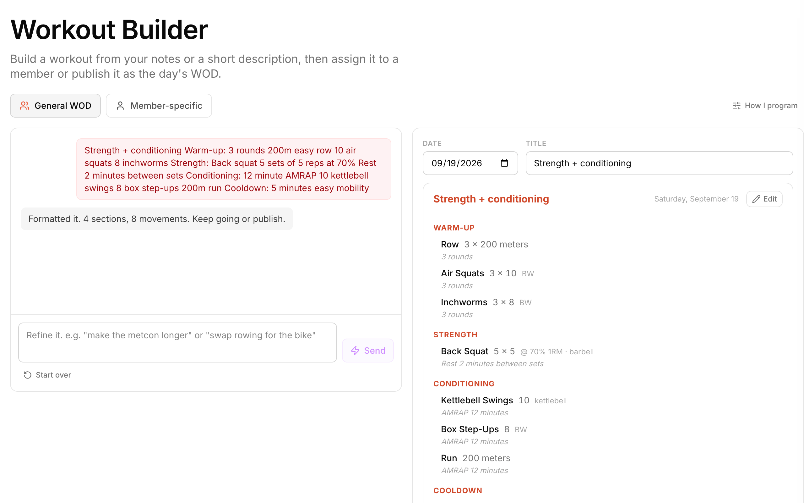 Workout Builder with synthetic coaching notes on the left and the formatted workout draft on the right.